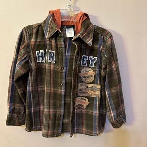 3T Harley, Davidson, button-down shirt, long sleeve with snap cuffs and hood
